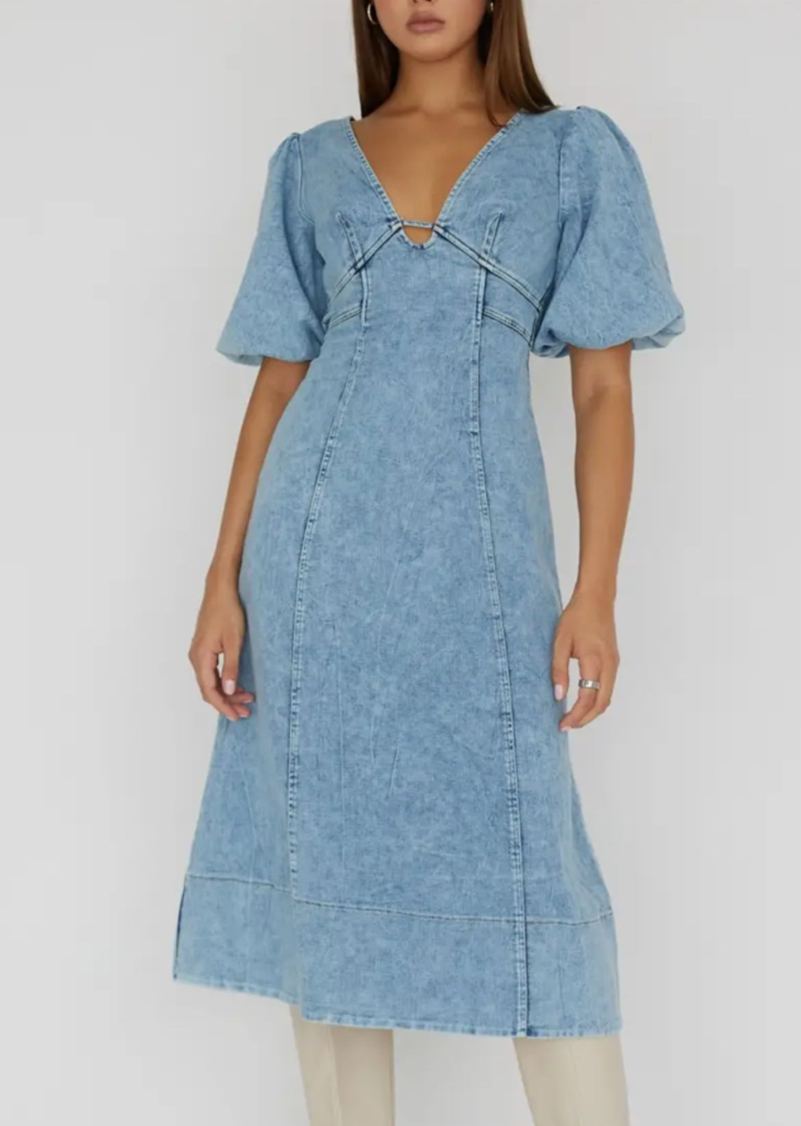 blue dress for baby girl Fall For You Denim Puff Sleeve Midi V Neck Jean dress – Pink With Envy  Boutique