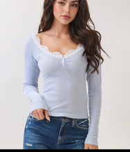 Load image into Gallery viewer, Lace Trim Ribbed Long Sleeve Henley
