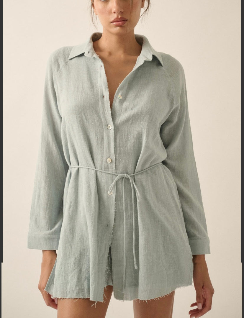 Mena Belted Long Sleeve Shirt Romper