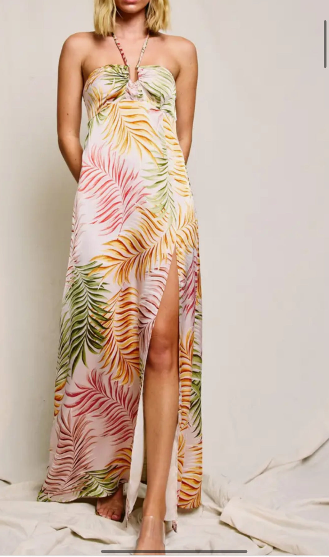 Pink Palms Halter Satin Maxi