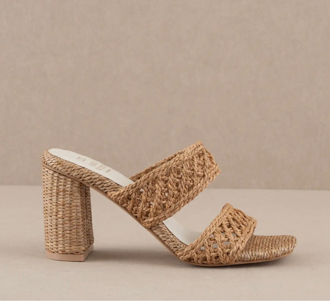 Woven Double Strap Raffia Heels