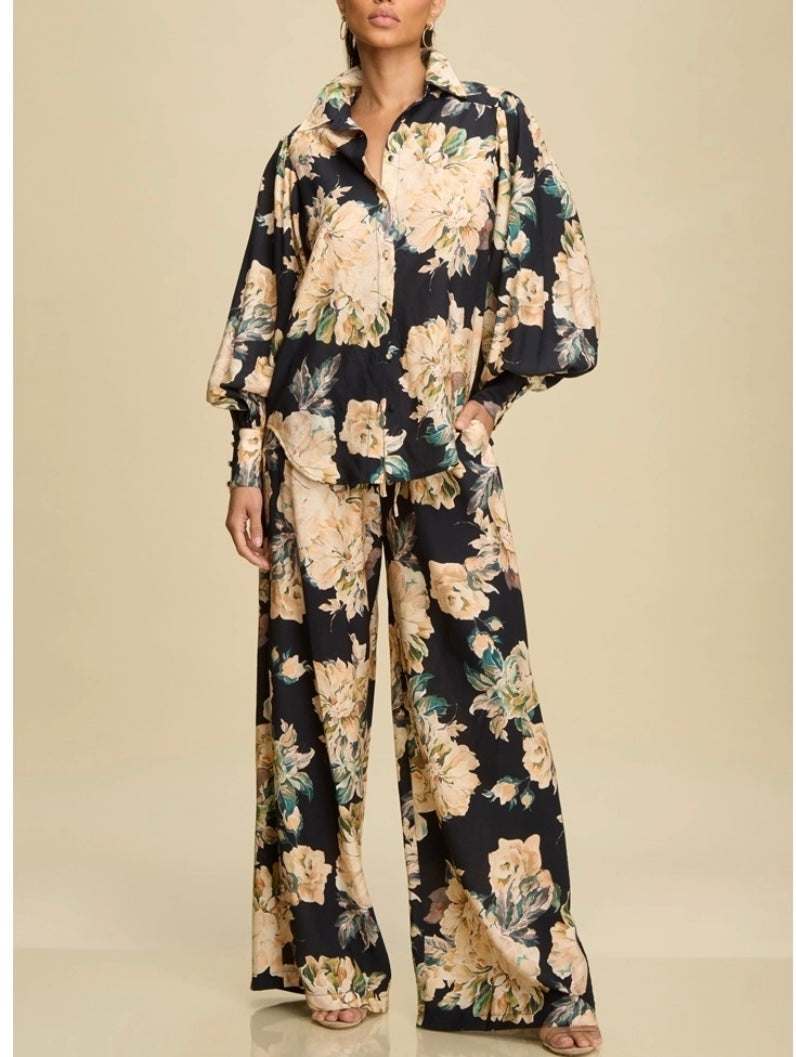 Vintage Floral Puff Sleeve Button Down Blouse