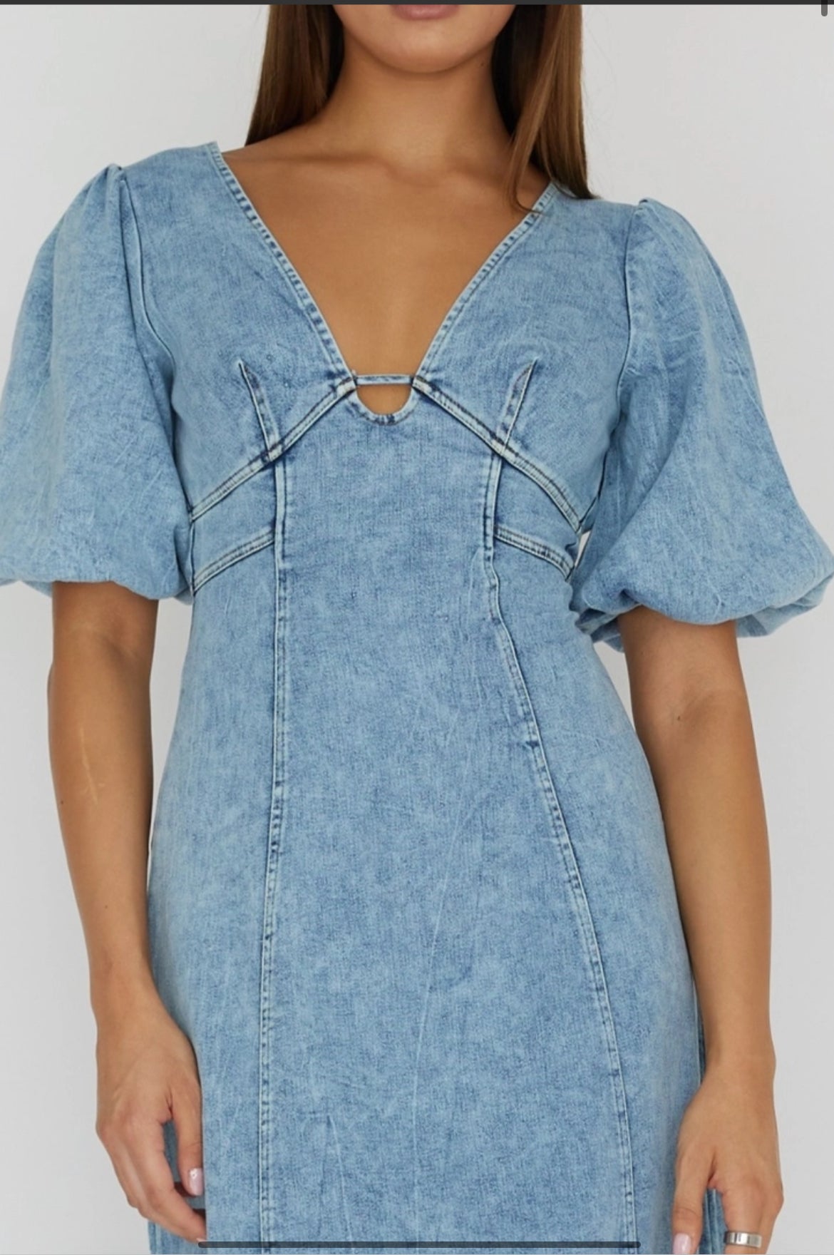Fall For You Denim Puff Sleeve Midi V Neck Jean dress Pink With Envy Boutique Fall For You Denim Puff Sleeve Midi V Neck Jean dress Pink With Envy Boutique