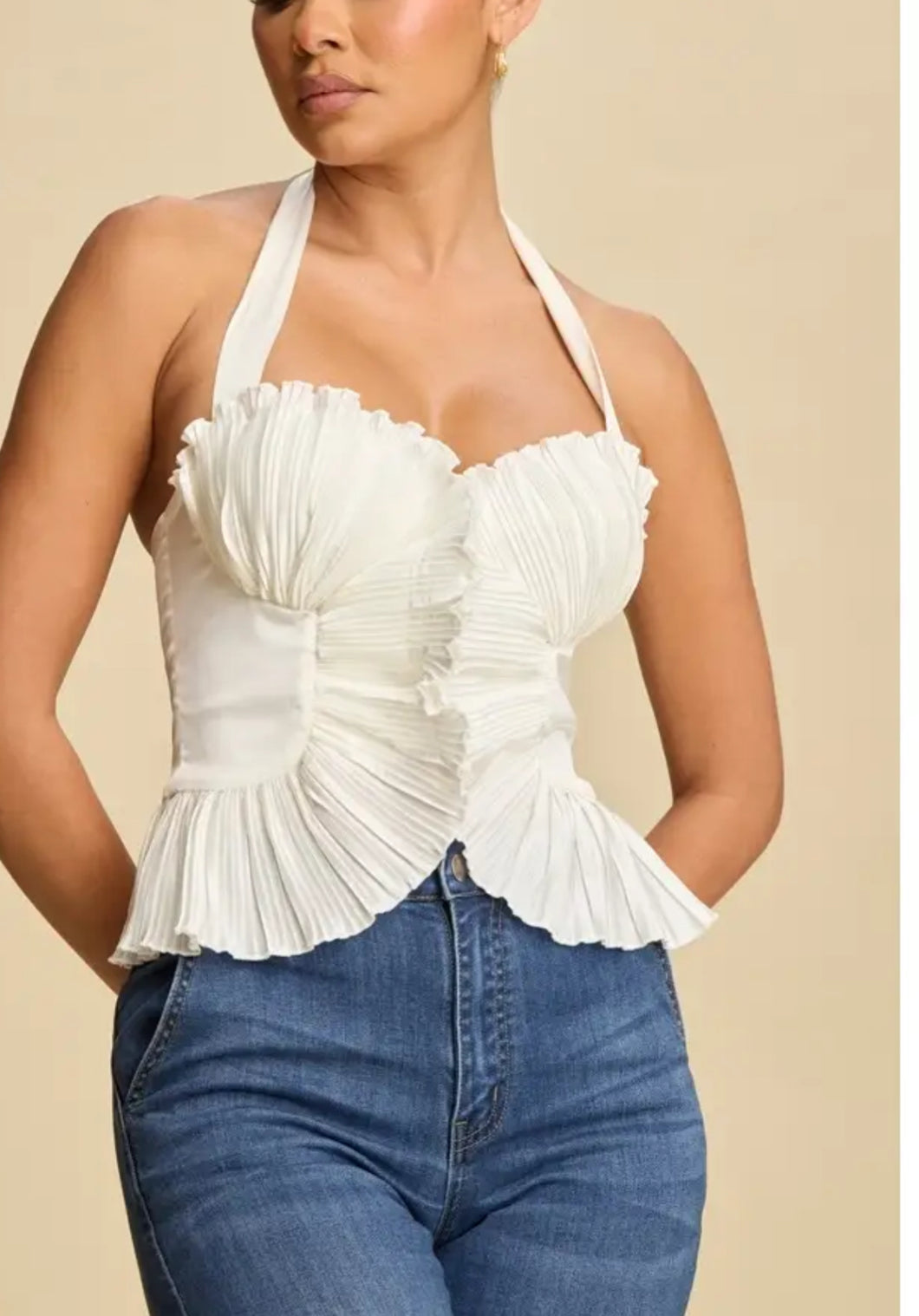 Lorraine Pleated Halter Ruffle Tank