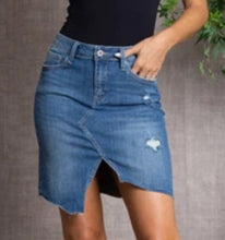 Load image into Gallery viewer, Asymmetrical Hem Denim Jean Skirt
