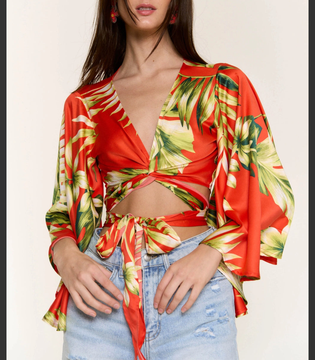 Marissa Flare Sleeve Kimono Wrap Crop Top