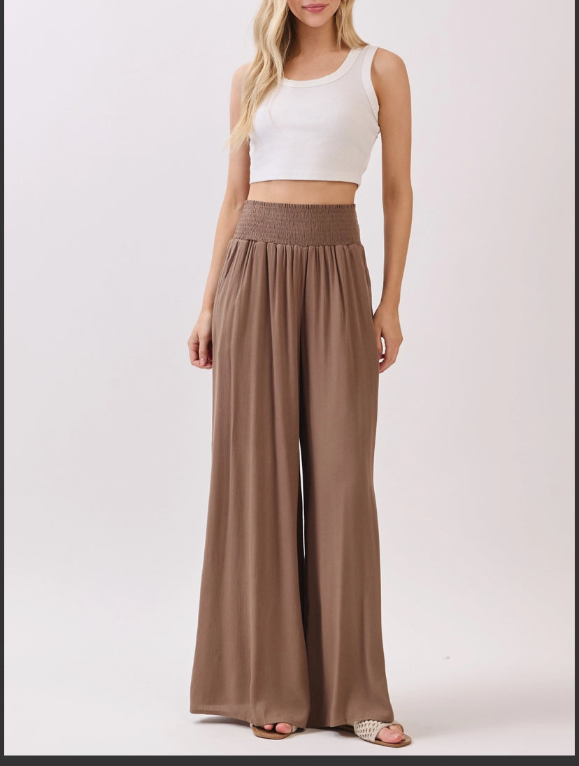 Brown Wide Leg Smocked Waist Pants