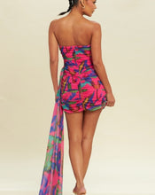 Load image into Gallery viewer, Drew Side Draped Tropical Palm Print Strapless Mini Dress
