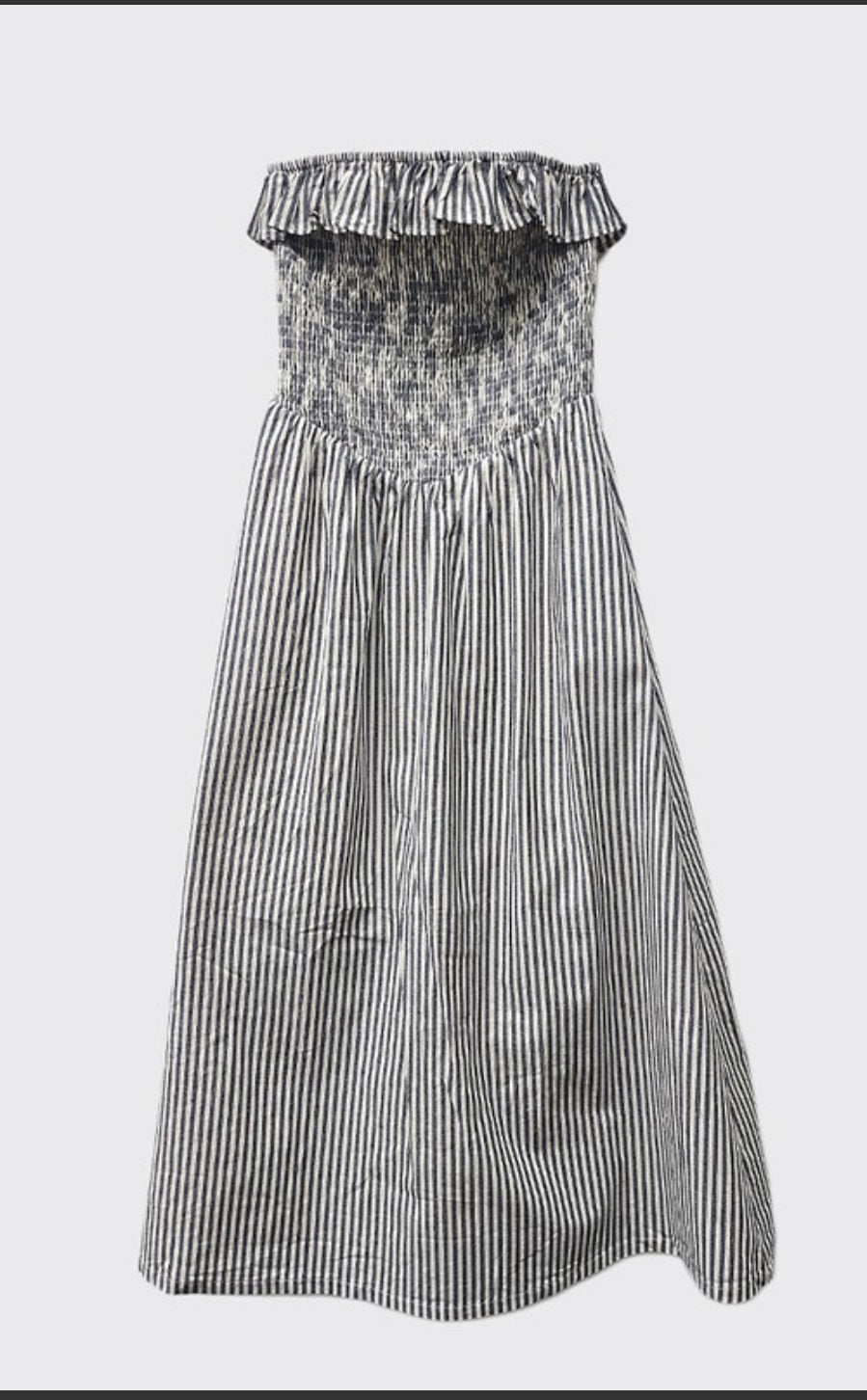 Ella Striped Strapless Ruffle Tube Midi Dress