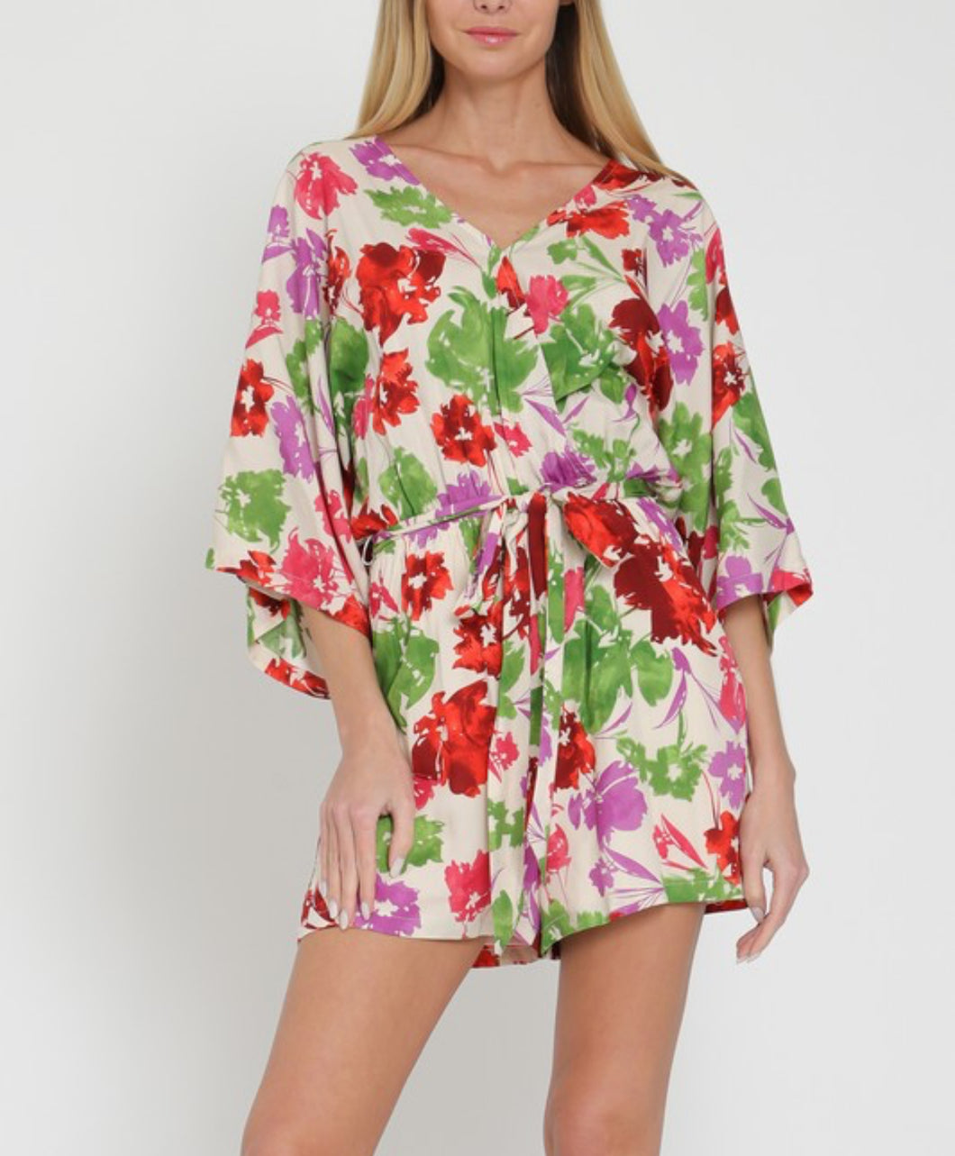 Melanie Kimono Sleeve Belted Shorts Romper