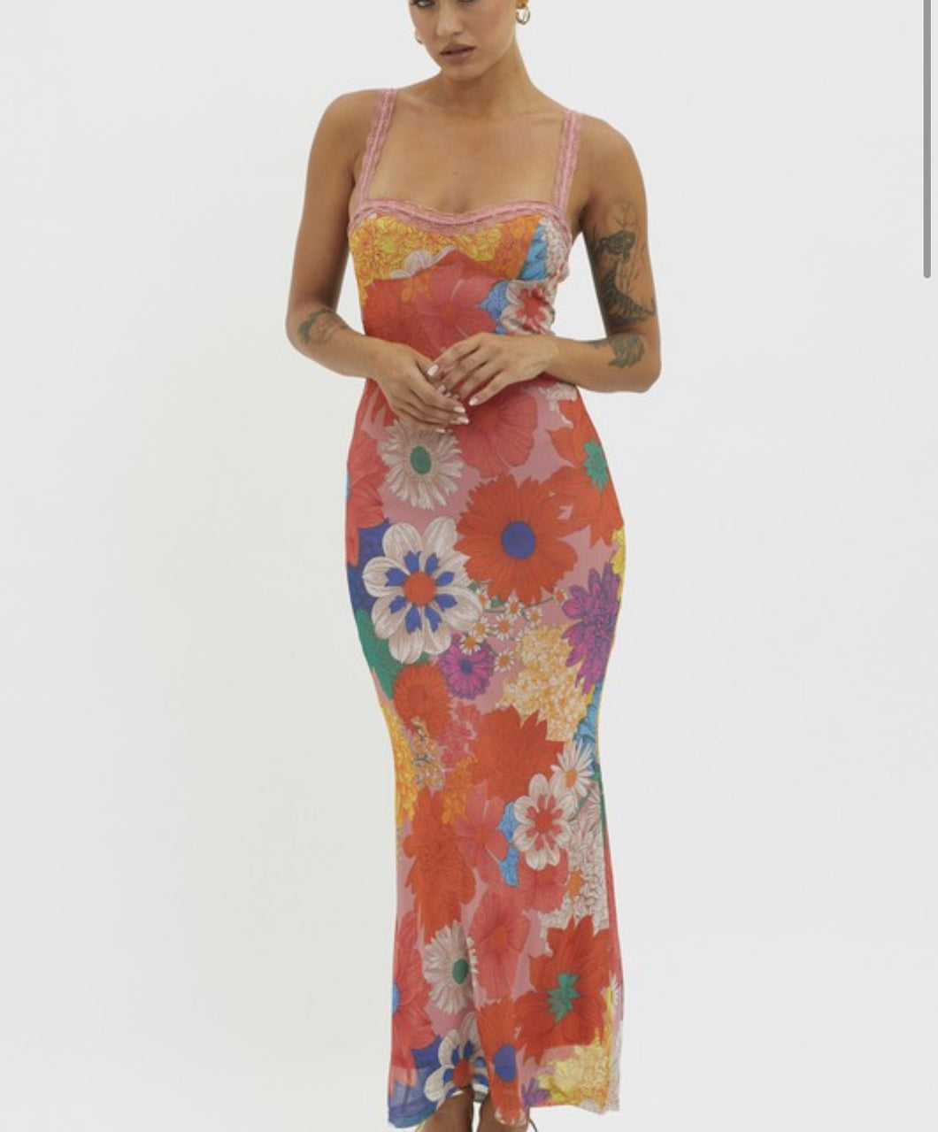 Eva Floral Print Lace Trim Maxi Dress