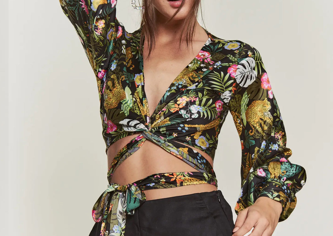 Tropical Print Kimono Wrap Crop Blouse