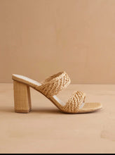 Load image into Gallery viewer, Woven Double Strap Raffia Sandal Block Heels Available In Camel Or Wheat
