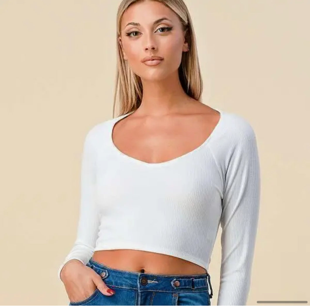 Cropped Long Sleeve V Neck Top Available In Two Colors