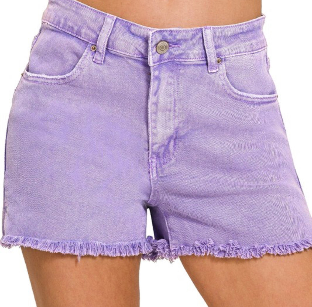 Acid Wash Frayed Hem Denim Jean Shorts Available In Hot Pink Or Lavender