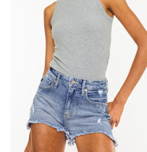 Load image into Gallery viewer, High Rise Mom Style Frayed Denim Jean Shorts Available In Medium Or Light Wash
