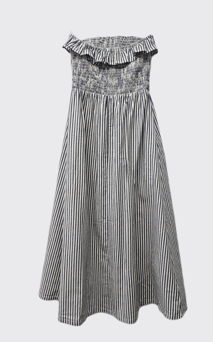 Ella Striped Strapless Ruffle Tube Midi Dress
