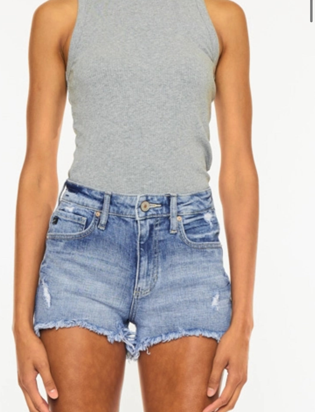 High Rise Mom Style Frayed Denim Jean Shorts Available In Medium Or Light Wash