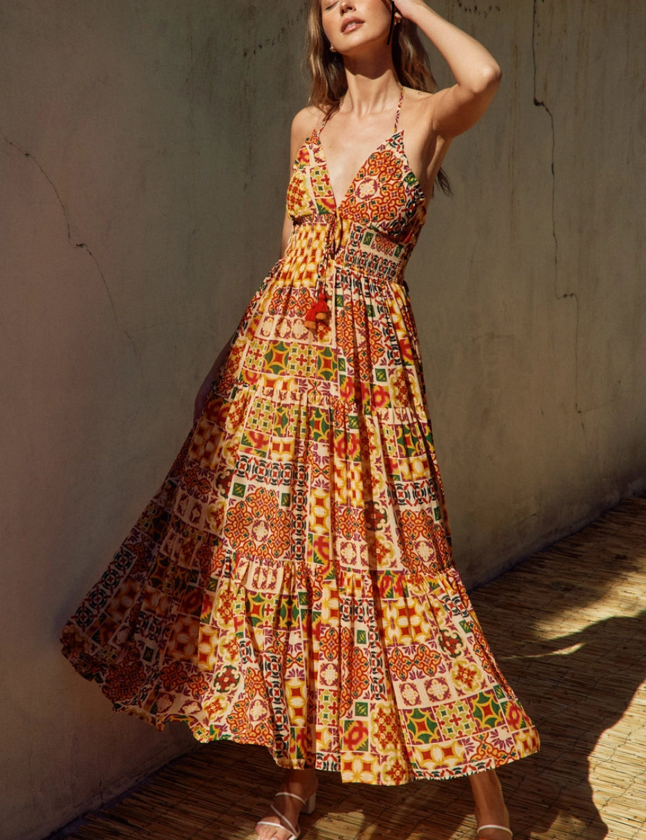 Morgan Mosaic Tassle Halter Maxi Dress