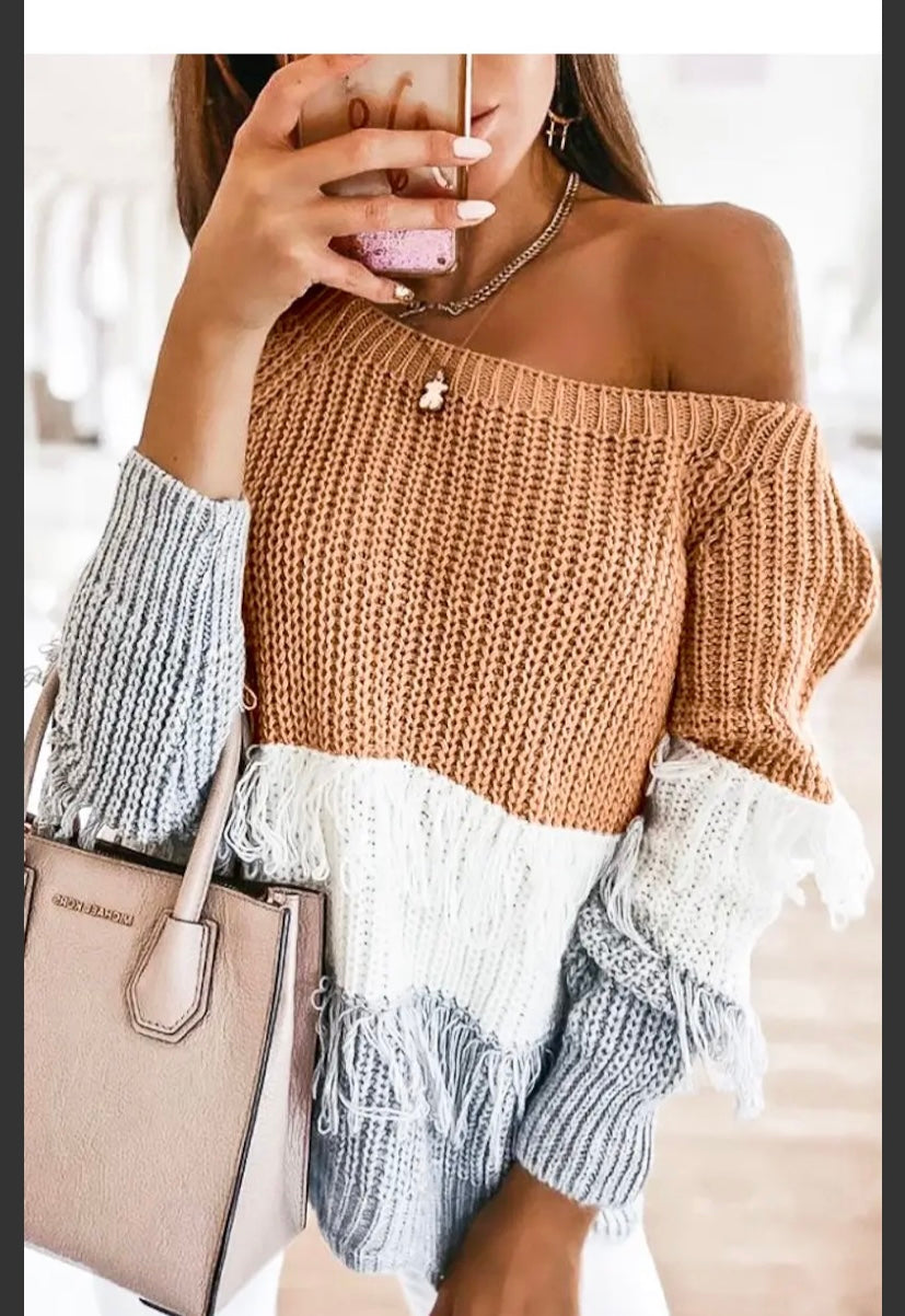 Fringe Benefits Off The Shoulder Sweater BOGO feee