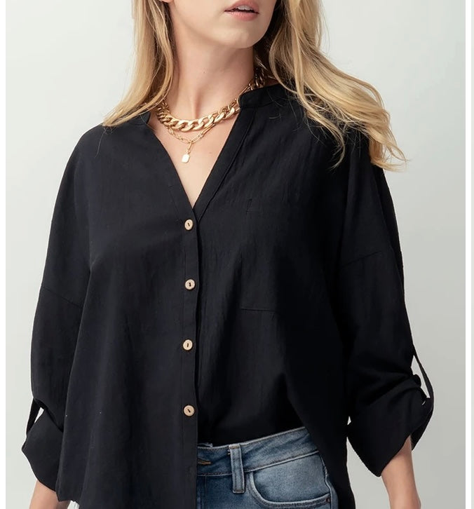 DANIELLE COTTON V NECK BUTTON UP SHIRT AVAILABLE IN 2 COLORS BOGO free